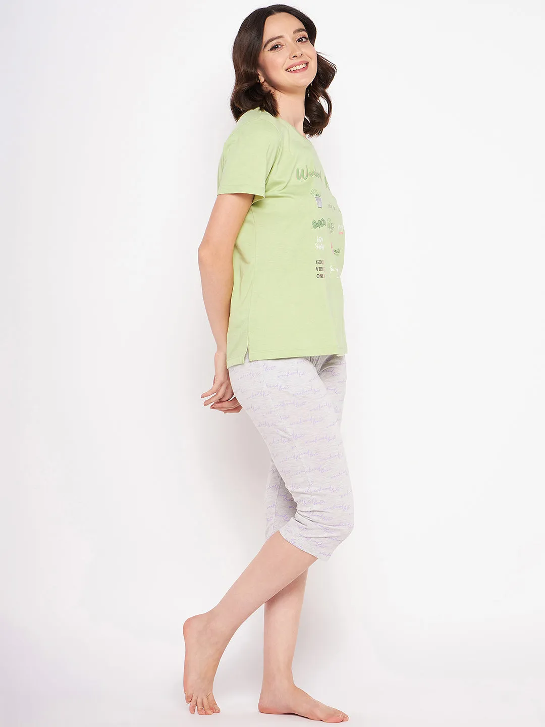 mSECRET Typography Printed Top and Bottoms Lime Yellow Night suit
