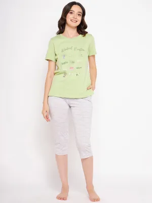 mSECRET Typography Printed Top and Bottoms Lime Yellow Night suit