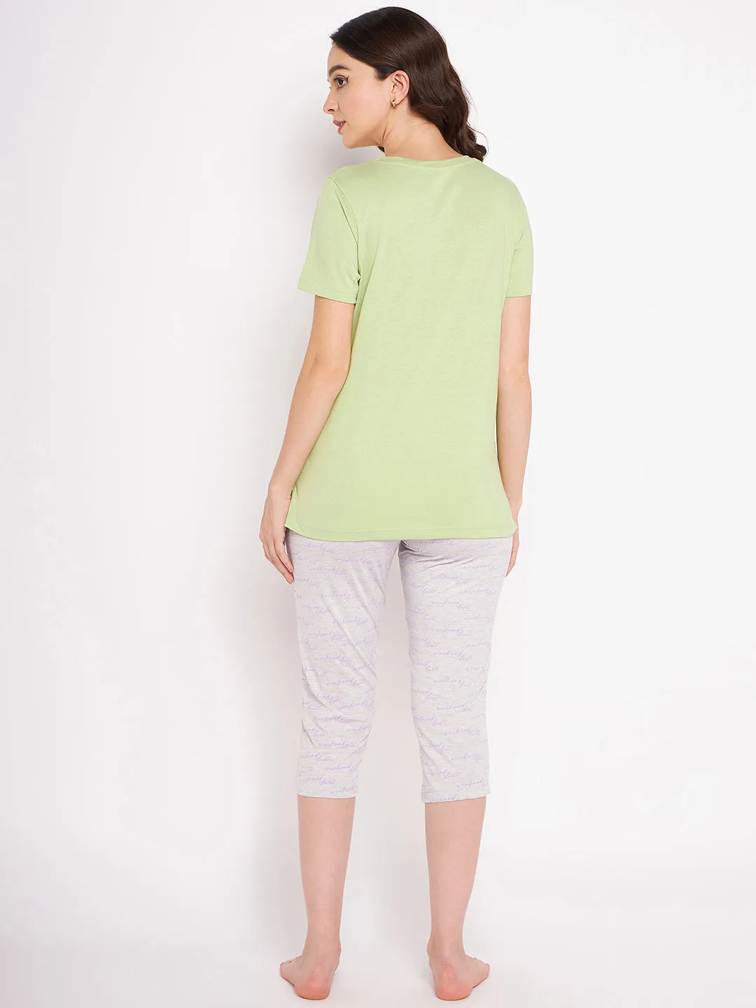 mSECRET Typography Printed Top and Bottoms Lime Yellow Night suit