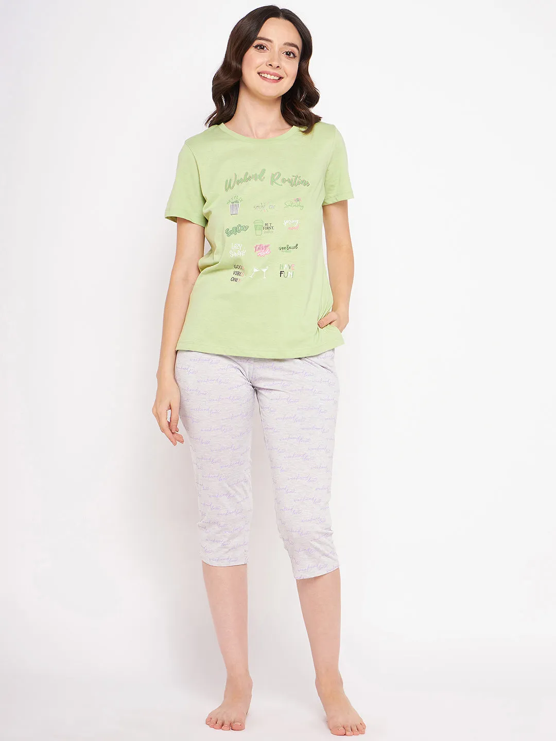 mSECRET Typography Printed Top and Bottoms Lime Yellow Night suit