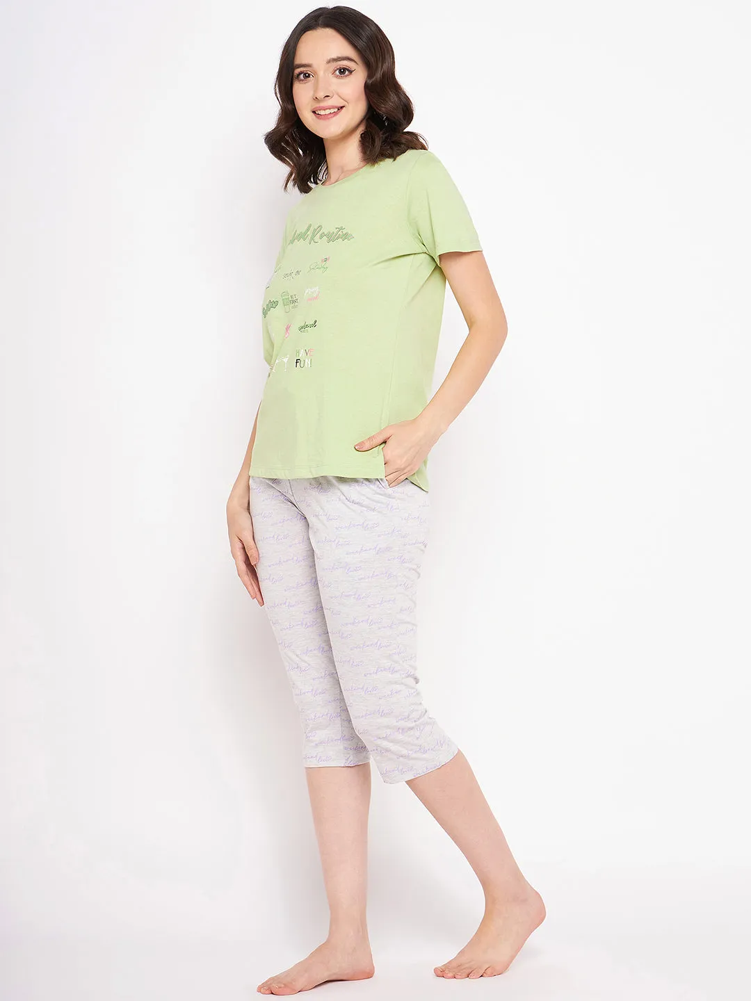 mSECRET Typography Printed Top and Bottoms Lime Yellow Night suit