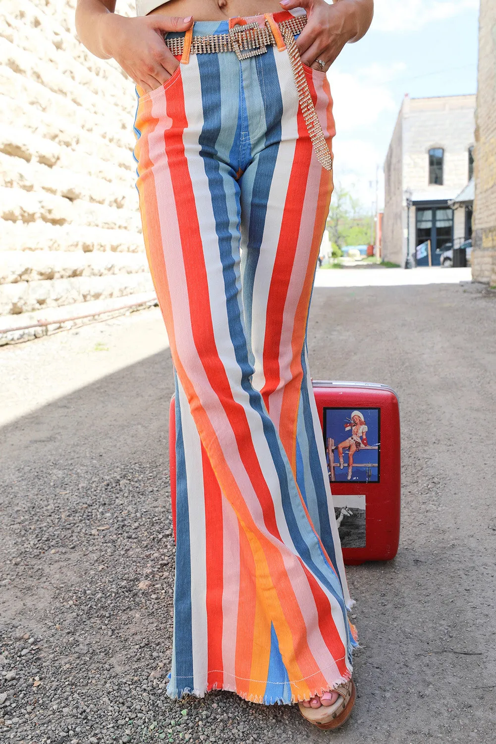 Multicolor Striped Raw Hem Flared Bottom Denim Pants