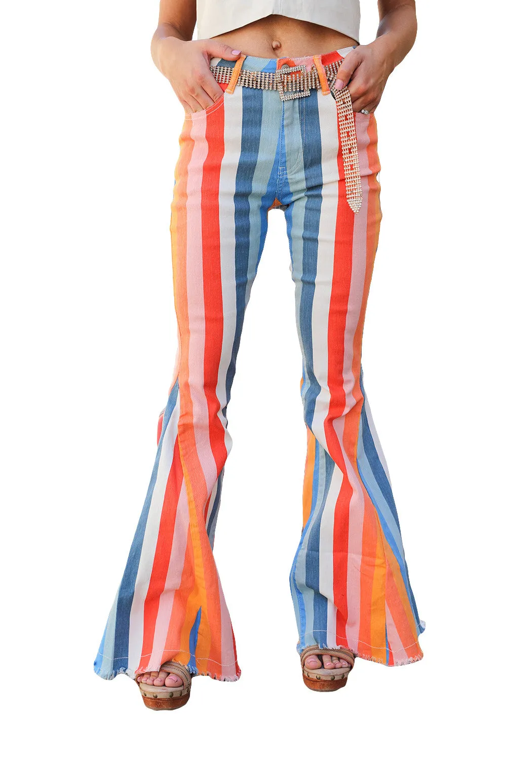 Multicolor Striped Raw Hem Flared Bottom Denim Pants