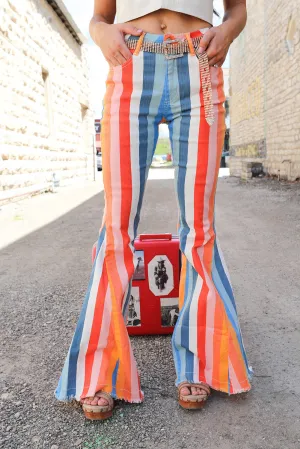 Multicolor Striped Raw Hem Flared Bottom Denim Pants