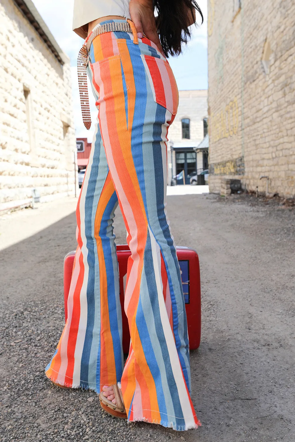 Multicolor Striped Raw Hem Flared Bottom Denim Pants
