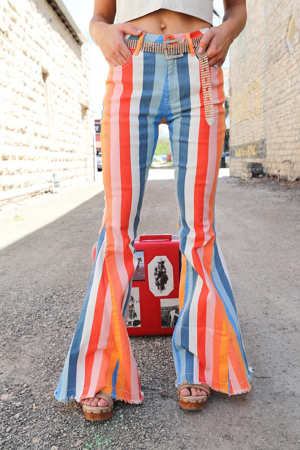 Multicolor Striped Raw Hem Flared Bottom Denim Pants
