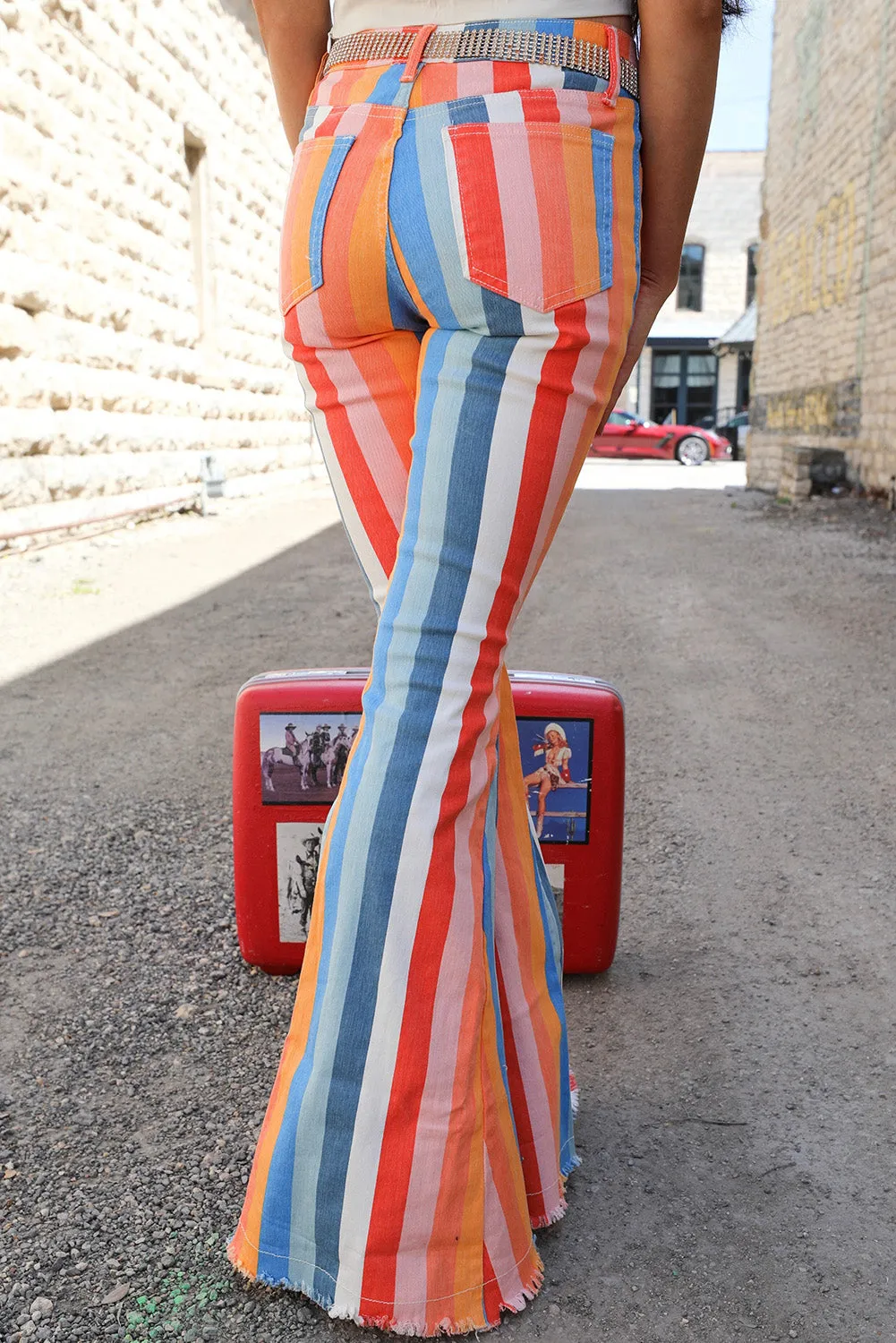 Multicolor Striped Raw Hem Flared Bottom Denim Pants