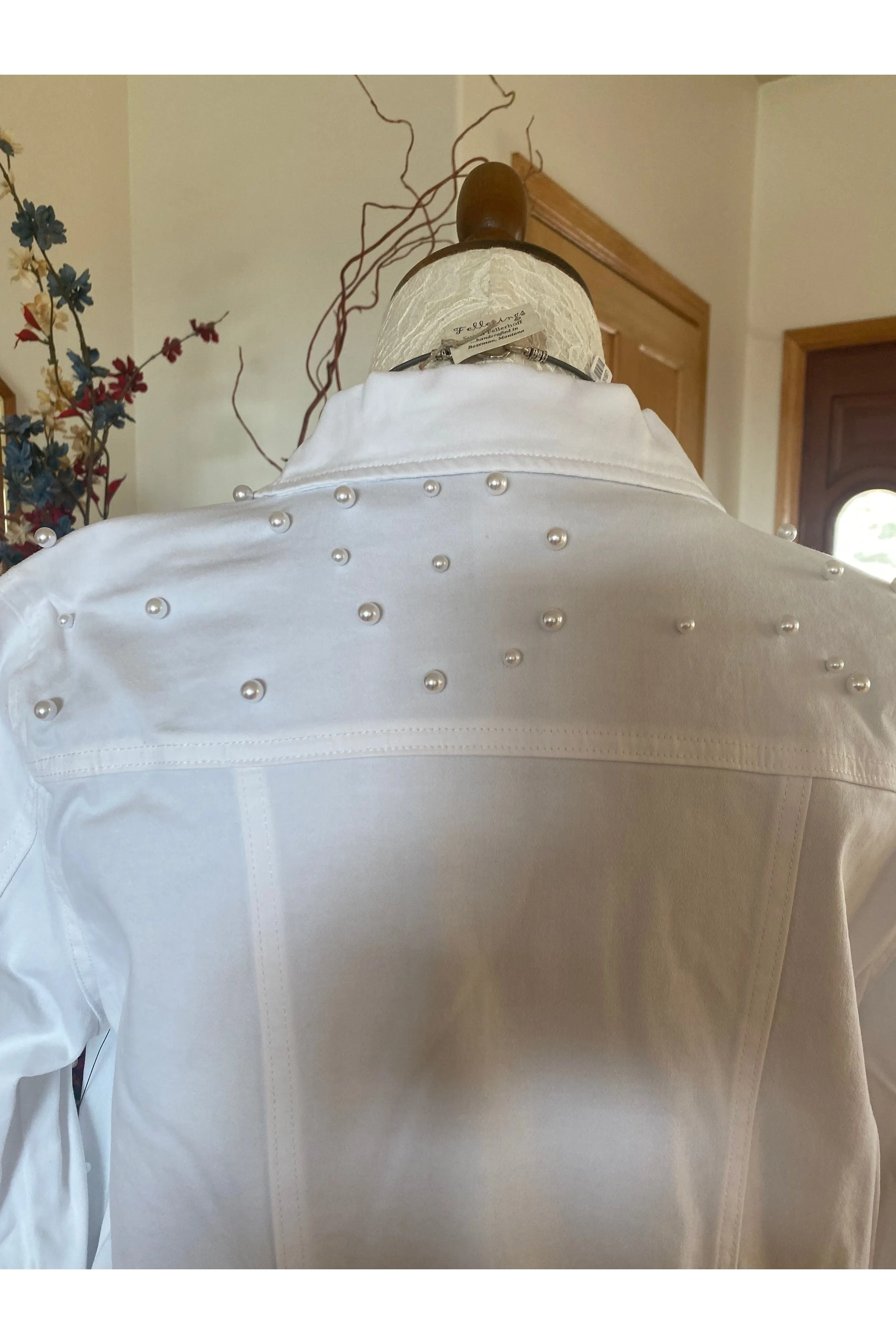 Multiples - Cuffed Long Sleeve 2 Pocket Button Jean Jacket with Pearl Embellishment - White - M13608JM