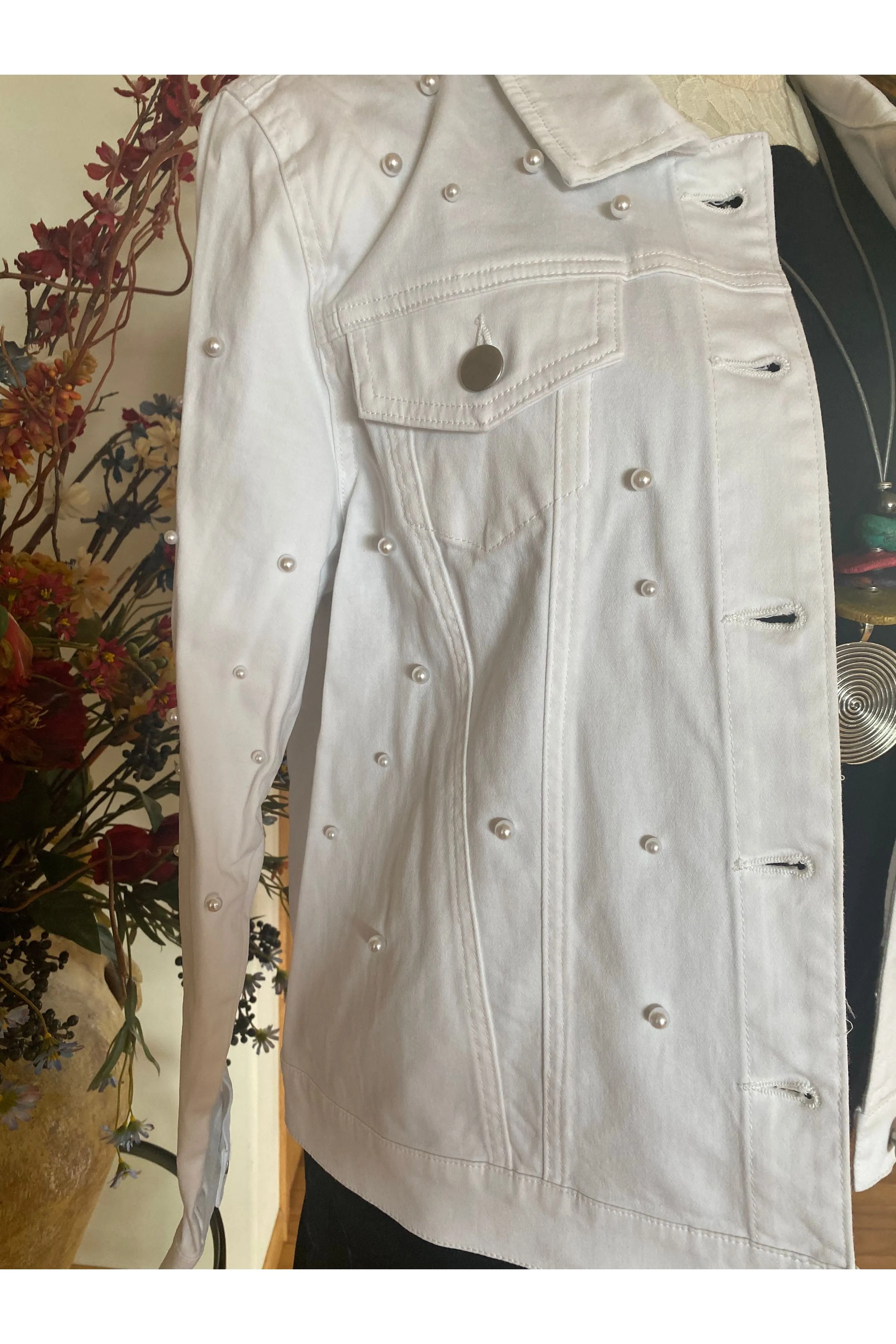 Multiples - Cuffed Long Sleeve 2 Pocket Button Jean Jacket with Pearl Embellishment - White - M13608JM