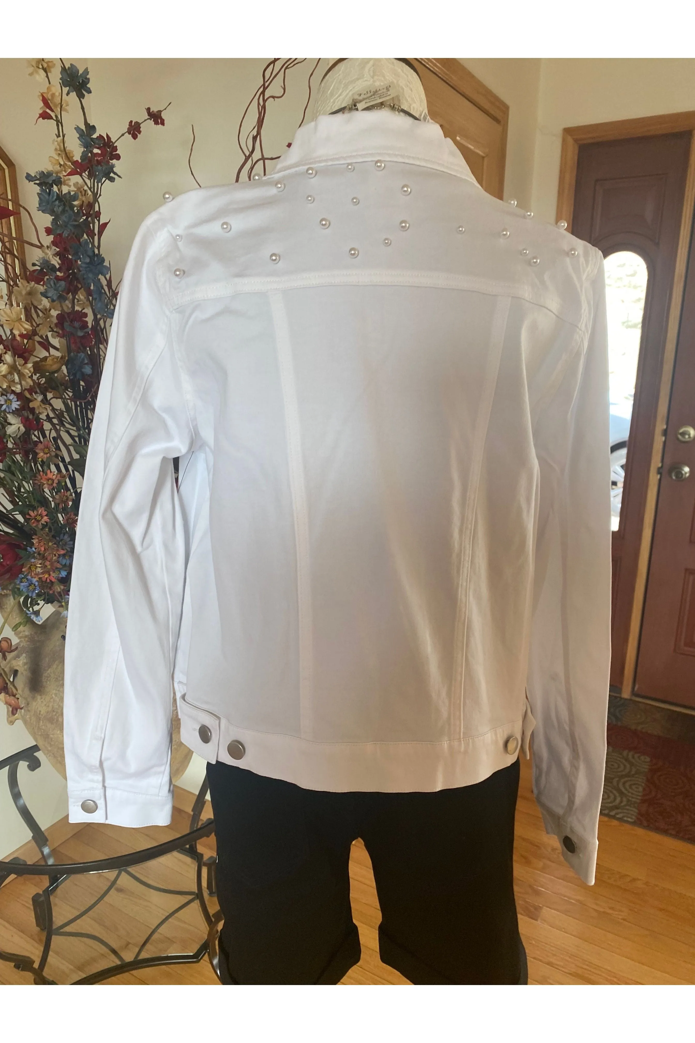 Multiples - Cuffed Long Sleeve 2 Pocket Button Jean Jacket with Pearl Embellishment - White - M13608JM