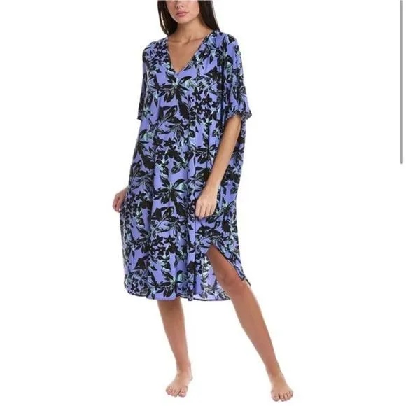 N Natori Jakarta Slinky Knit Caftan Floral Mumu Sleepwear Gown Dress Size XL