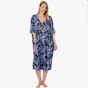 N Natori Jakarta Slinky Knit Caftan Floral Mumu Sleepwear Gown Dress Size XL