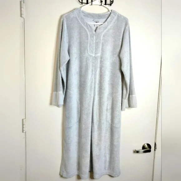 Natori (Size M) Gray Terry Lounge Front Quarter Zip Side Vent Pockets Sleepwear