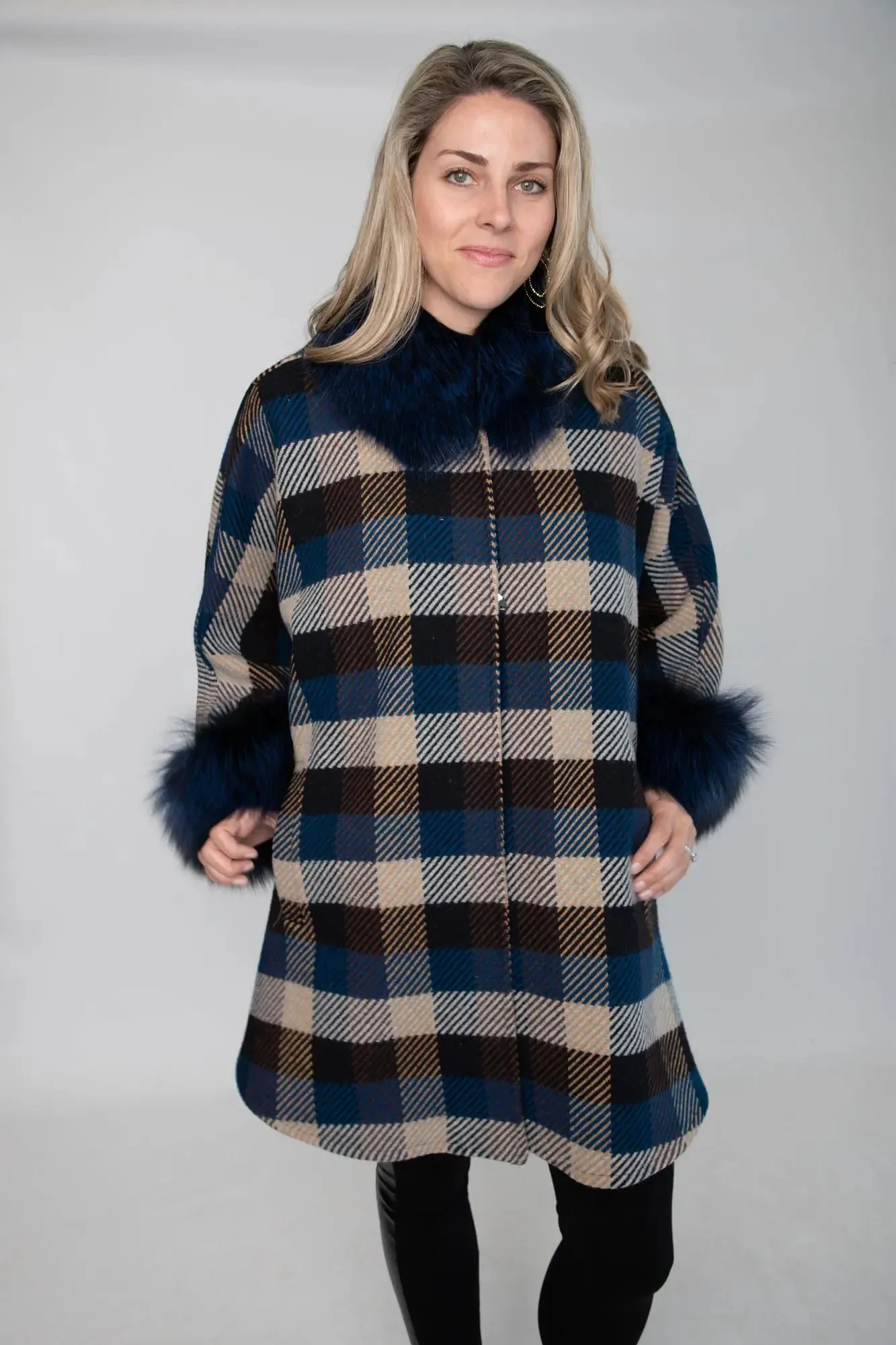 Navy and Beige Square Wool Cape with Dyed Fox Trim