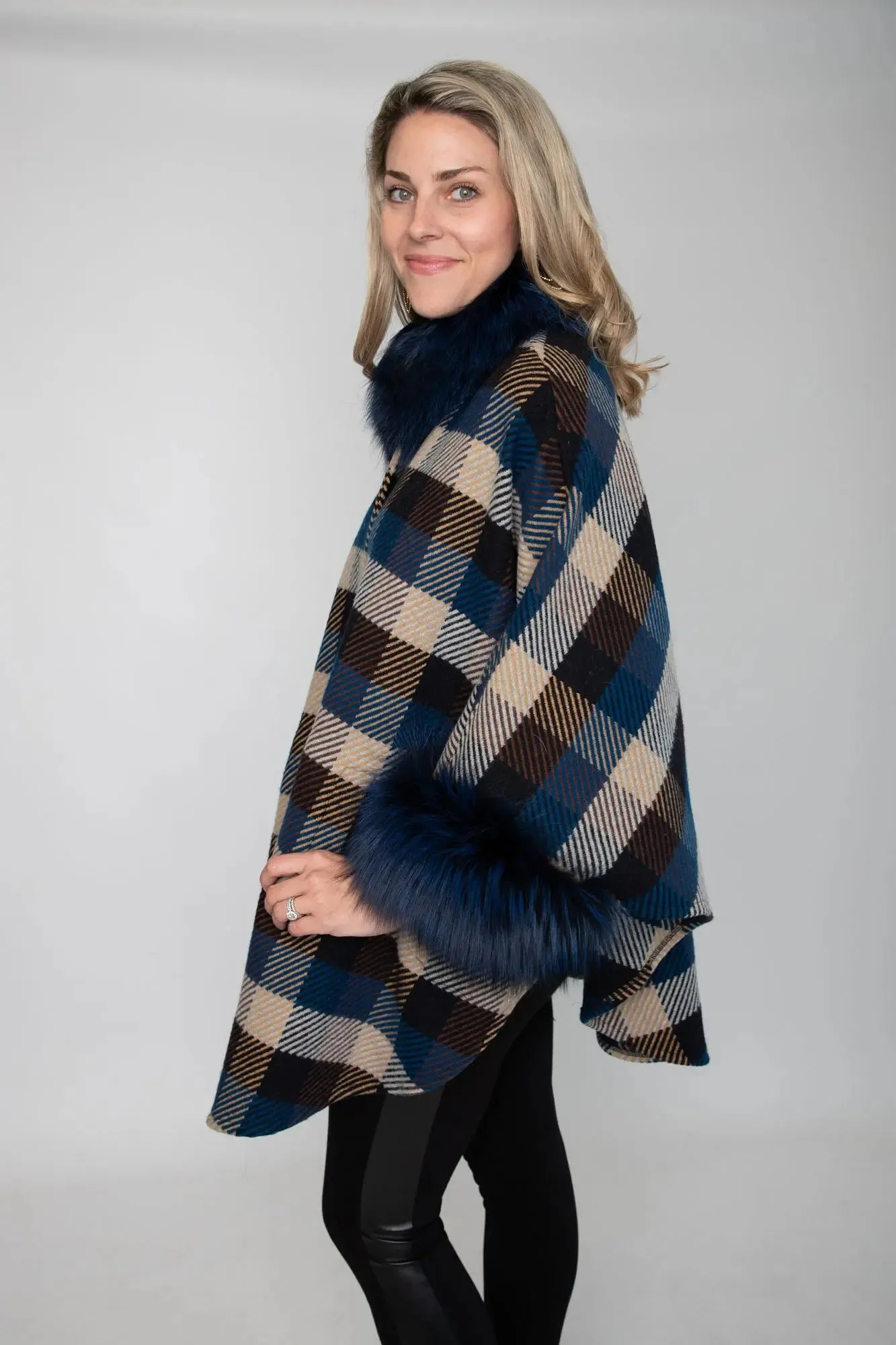 Navy and Beige Square Wool Cape with Dyed Fox Trim