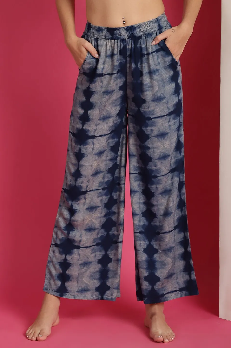 Navy Blue Colour Abstract Printed Viscose Rayon Lounge Pants