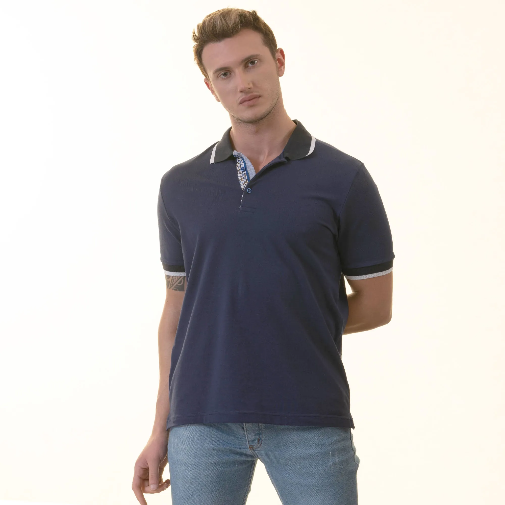 Navy with inside Printed Mens Slim Fit Polo Shirts - 100% Soft Cotton - Tailored Comfortable Fit