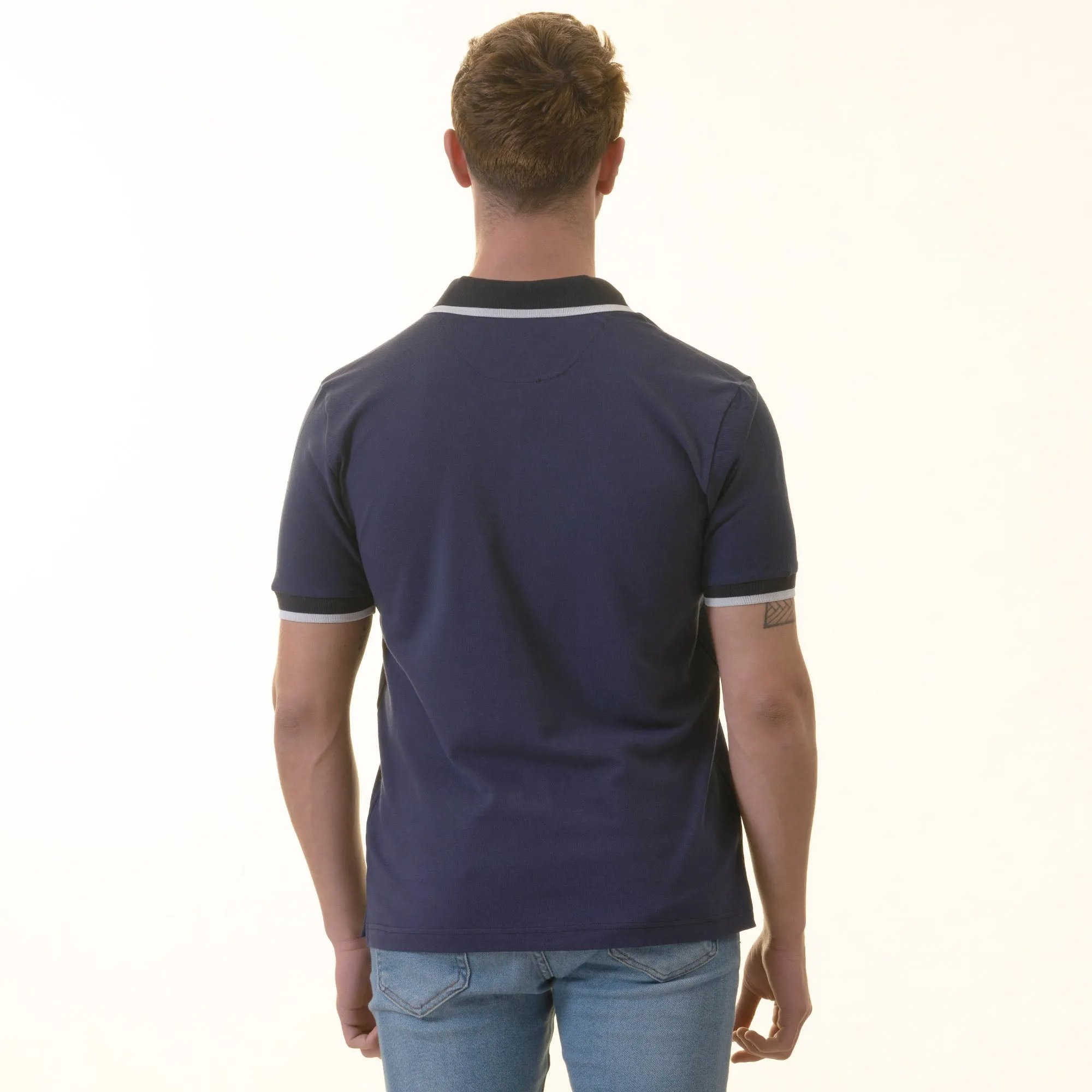 Navy with inside Printed Mens Slim Fit Polo Shirts - 100% Soft Cotton - Tailored Comfortable Fit