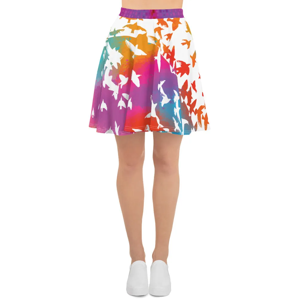 Neon Birds in Flight - Skater Skirt