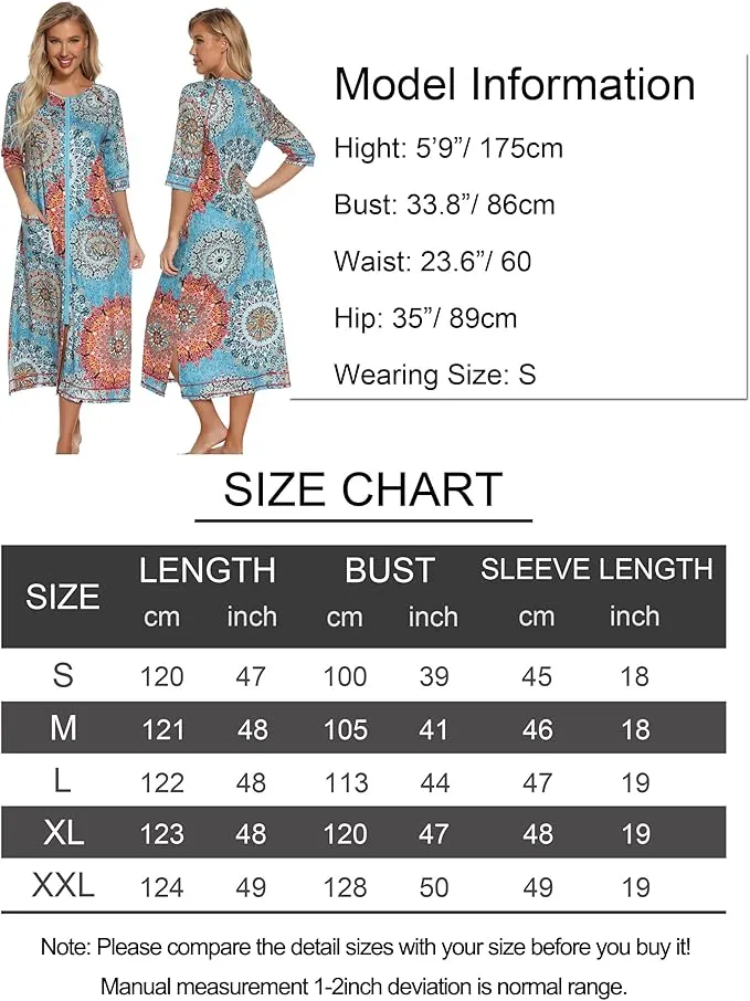 NEW LUCKYLUAN Women's Zipper Front Robes Half Sleeve Loungewear Full Length Sleepwear with Pockets, Blue Floral, Sz M, Retails $48 