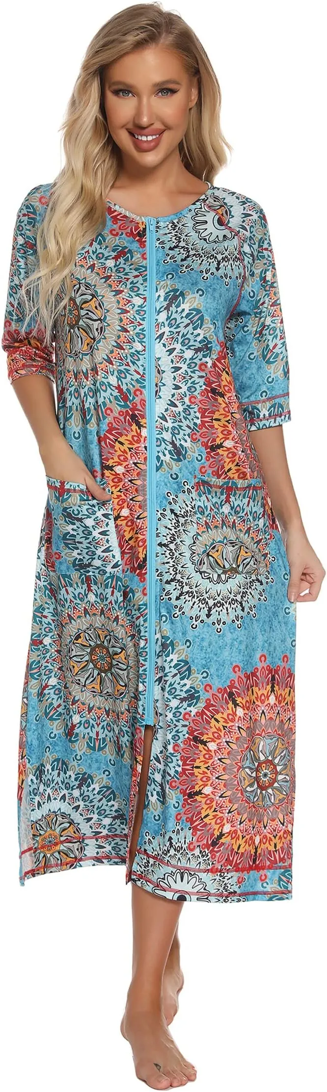 NEW LUCKYLUAN Women's Zipper Front Robes Half Sleeve Loungewear Full Length Sleepwear with Pockets, Blue Floral, Sz M, Retails $48 