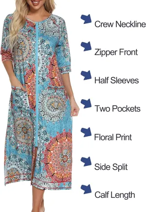 NEW LUCKYLUAN Women's Zipper Front Robes Half Sleeve Loungewear Full Length Sleepwear with Pockets, Blue Floral, Sz M, Retails $48 