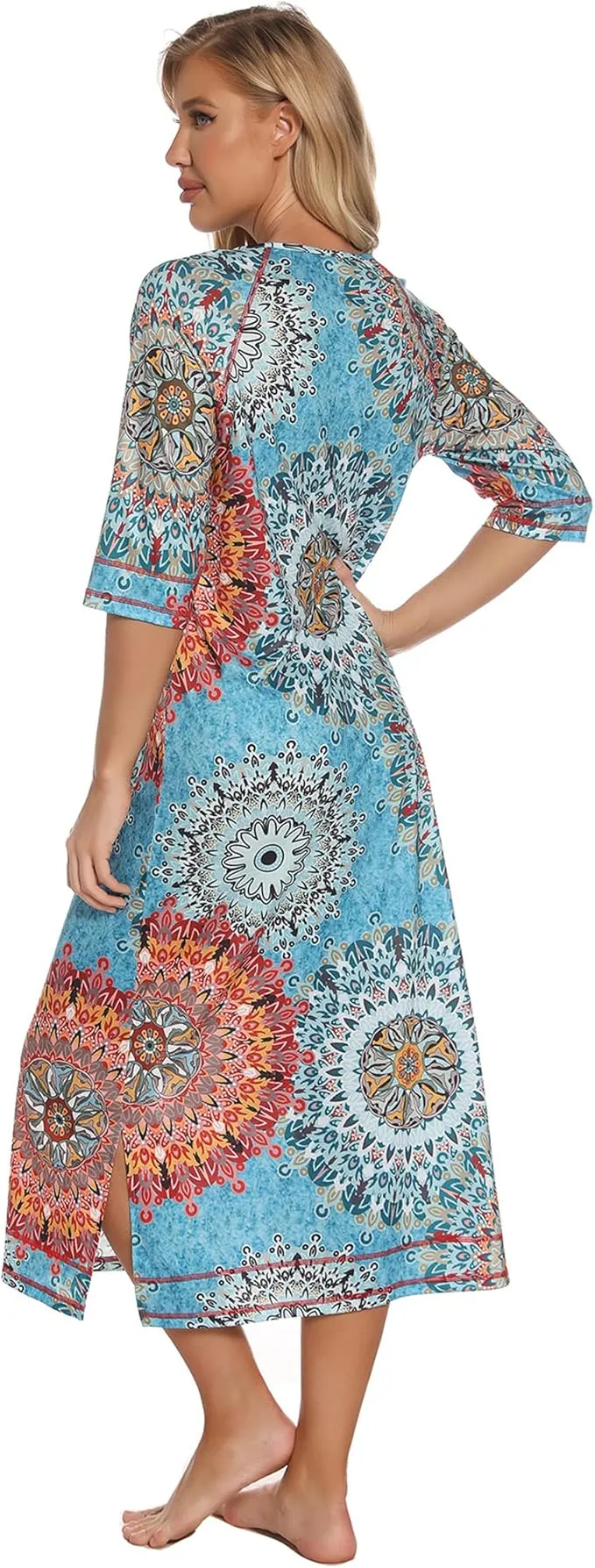 NEW LUCKYLUAN Women's Zipper Front Robes Half Sleeve Loungewear Full Length Sleepwear with Pockets, Blue Floral, Sz M, Retails $48 