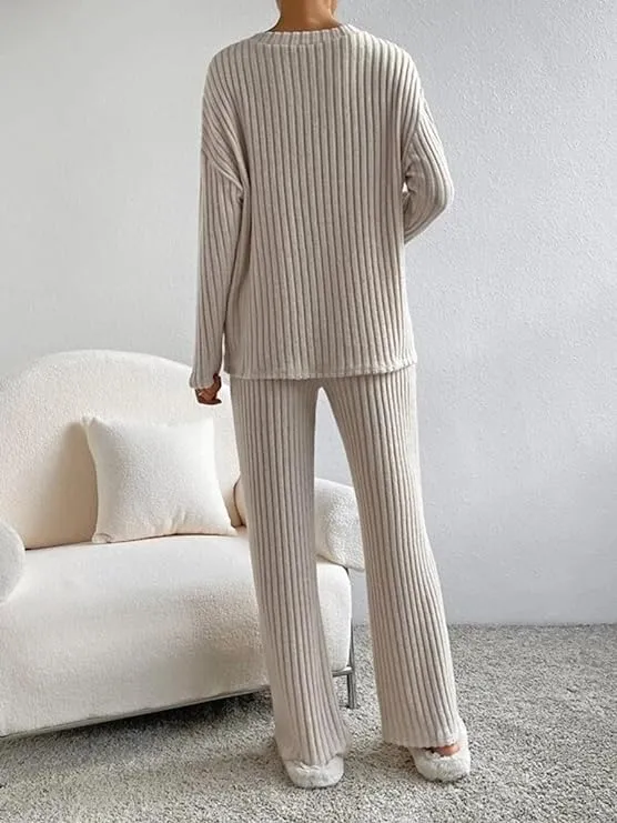 NEW Lynkiss Women's Pajama Set V Neck Long Sleeve Matching Sets Ribbed Knit Sleepwear 2 Piece Loungewear, Beige, Sz XL