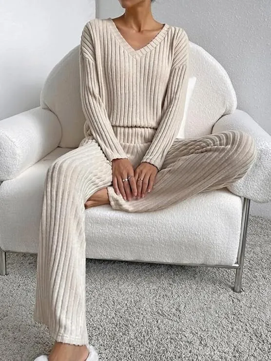 NEW Lynkiss Women's Pajama Set V Neck Long Sleeve Matching Sets Ribbed Knit Sleepwear 2 Piece Loungewear, Beige, Sz XL