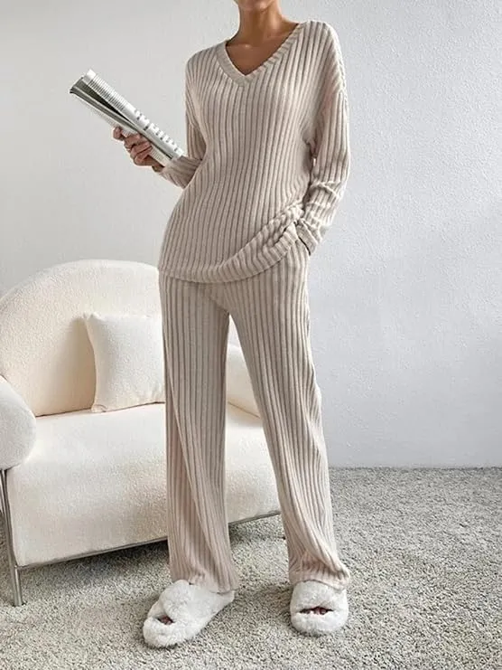 NEW Lynkiss Women's Pajama Set V Neck Long Sleeve Matching Sets Ribbed Knit Sleepwear 2 Piece Loungewear, Beige, Sz XL