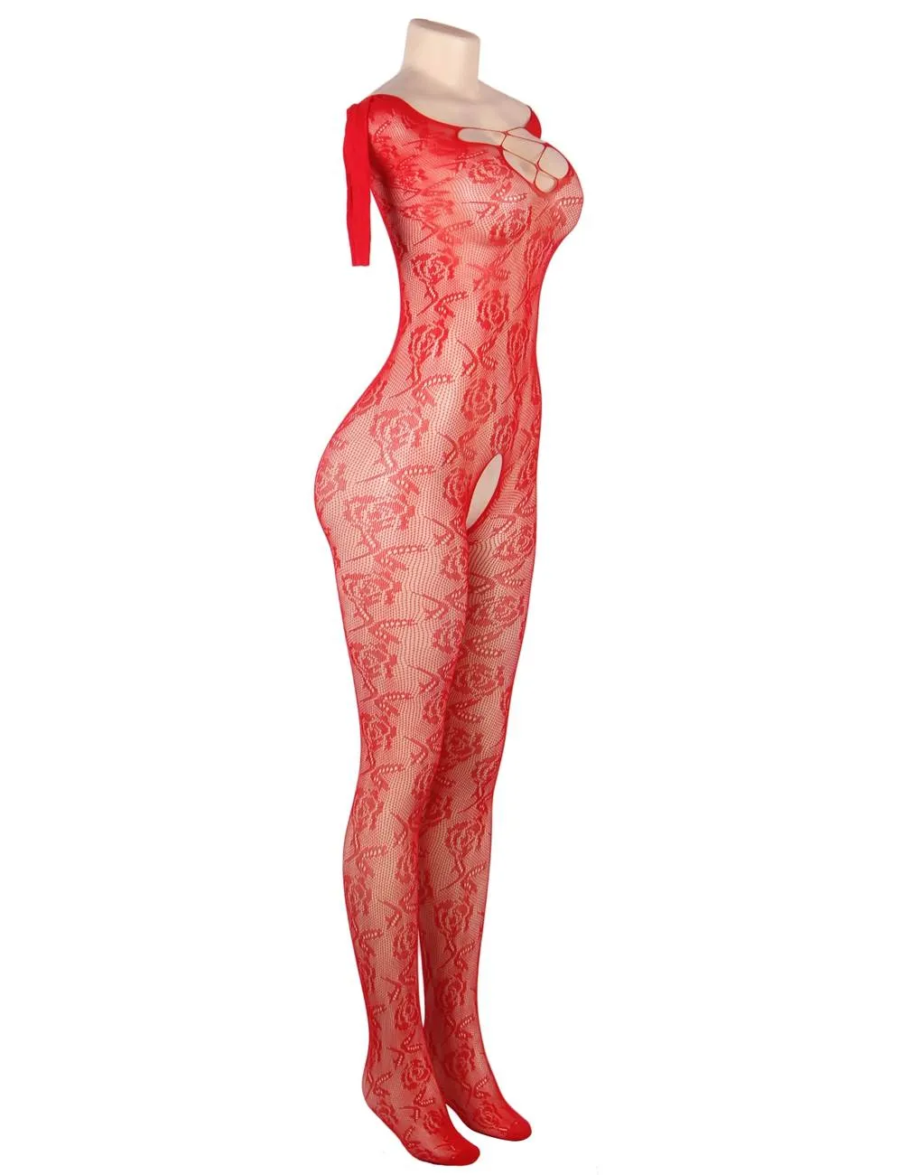 New Open Crotch Rose Pattern Lace Bodystockings