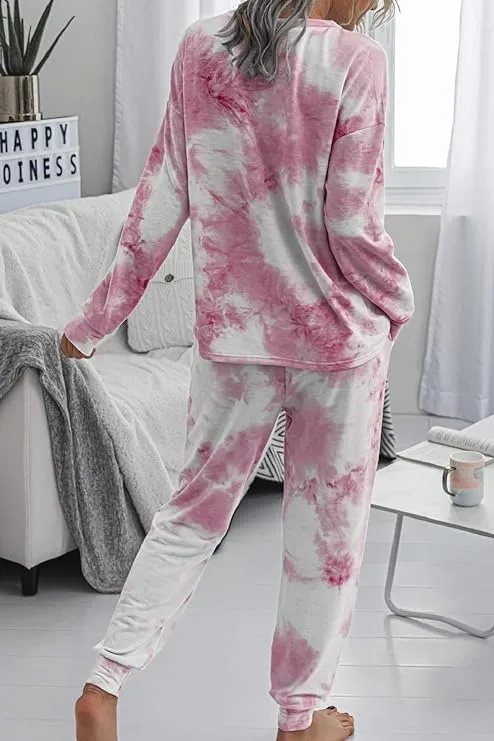NEW Zuvebamyo Women Tie Dye Long Sleeve Top and Pants Loungewear Sleepwear, Tag Says XL: Fits like S/M, Pink