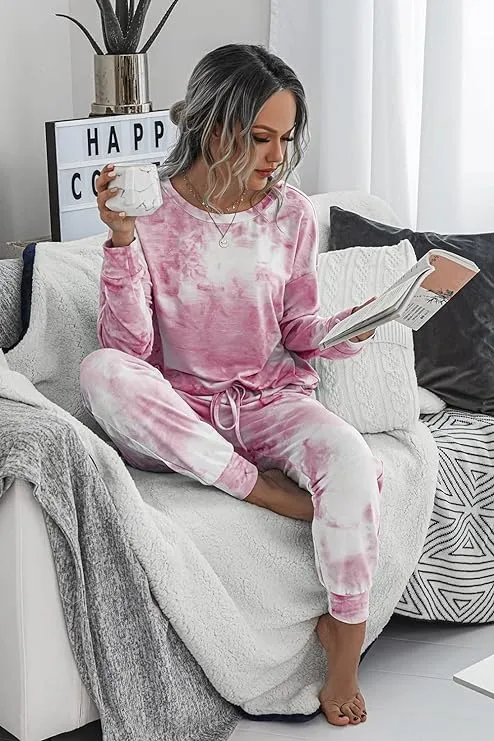 NEW Zuvebamyo Women Tie Dye Long Sleeve Top and Pants Loungewear Sleepwear, Tag Says XL: Fits like S/M, Pink