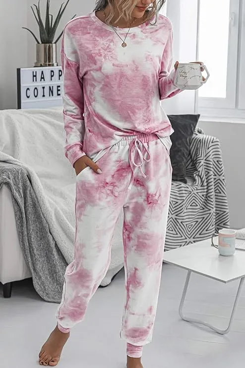 NEW Zuvebamyo Women Tie Dye Long Sleeve Top and Pants Loungewear Sleepwear, Tag Says XL: Fits like S/M, Pink