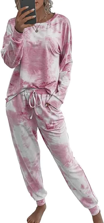 NEW Zuvebamyo Women Tie Dye Long Sleeve Top and Pants Loungewear Sleepwear, Tag Says XL: Fits like S/M, Pink