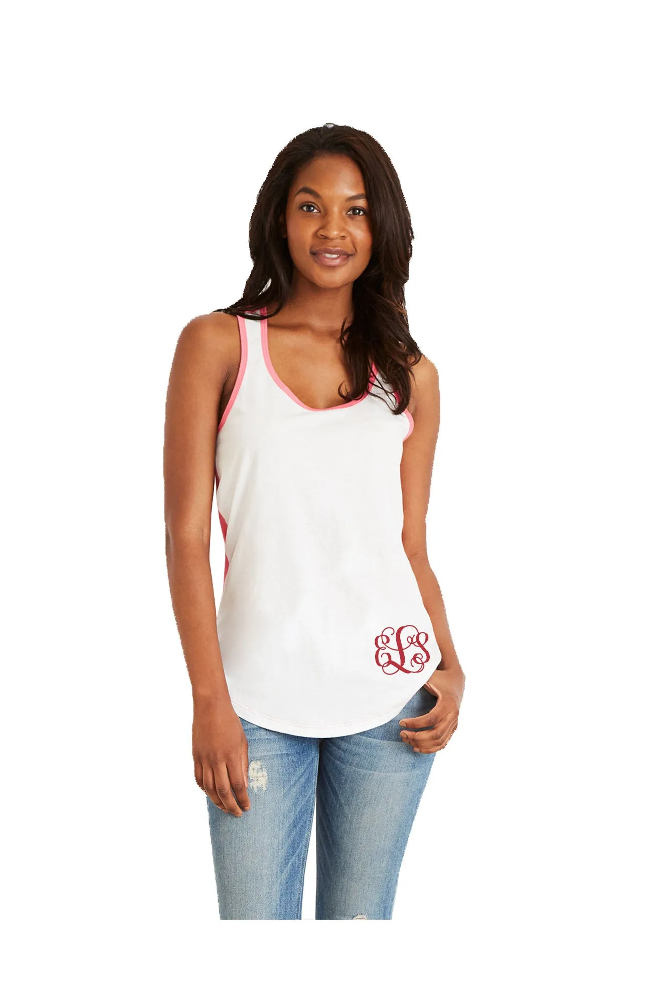 Next Level Ladies' Colorblock Racerback Tank, White/Hot Pink *Personalize It!