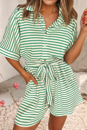 Nova Stripe Textured Collared Buttoned Waist Tie Romper