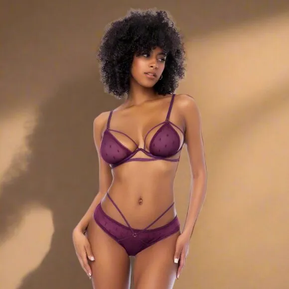 NWT Burgundy Red Sheer Mesh Polka-dot Underwire Bra &amp; Thong Lingerie