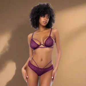 NWT Burgundy Red Sheer Mesh Polka-dot Underwire Bra &amp; Thong Lingerie