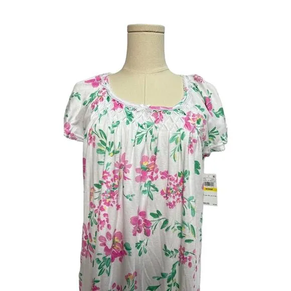 NWT! Miss Elaine Nightgown, Long Cottonessa Gown Pink Flowers On White MEDIUM