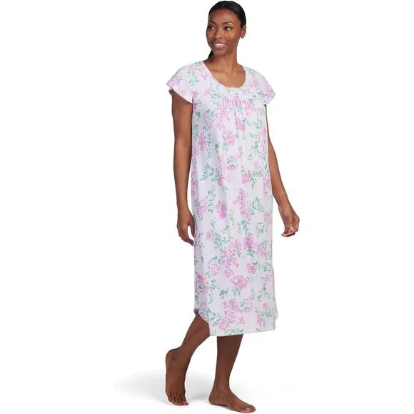 NWT! Miss Elaine Nightgown, Long Cottonessa Gown Pink Flowers On White MEDIUM
