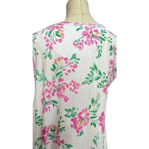 NWT! Miss Elaine Nightgown, Long Cottonessa Gown Pink Flowers On White MEDIUM