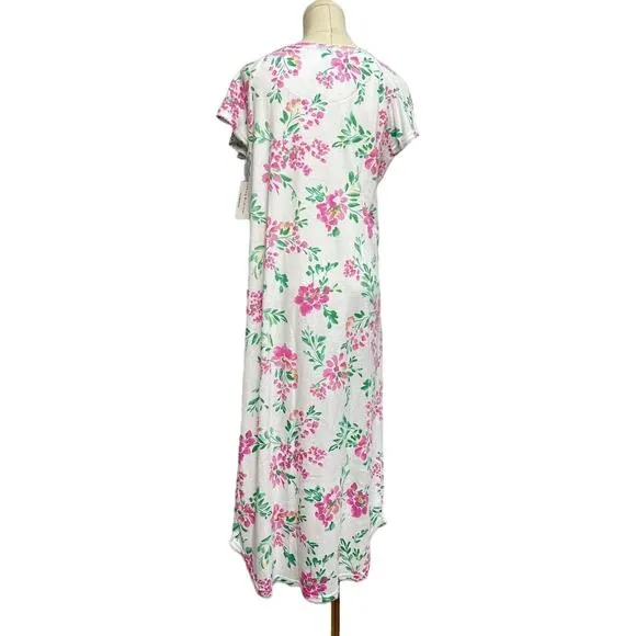 NWT! Miss Elaine Nightgown, Long Cottonessa Gown Pink Flowers On White MEDIUM