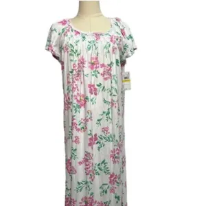 NWT! Miss Elaine Nightgown, Long Cottonessa Gown Pink Flowers On White MEDIUM
