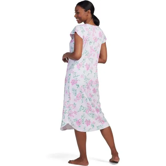 NWT! Miss Elaine Nightgown, Long Cottonessa Gown Pink Flowers On White MEDIUM