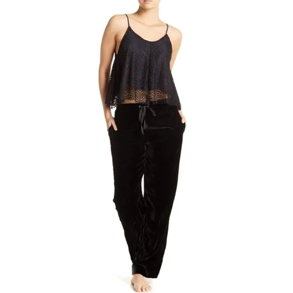 Nwt Sam Edelman 2 Piece Set Black Blue Lace &amp; Velvet Pajamas Size Large
