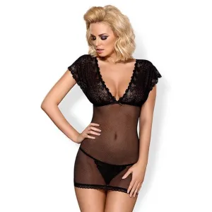 Obsessive - 821-CHE-1 Chemise & Thong Fishnet Black S/M