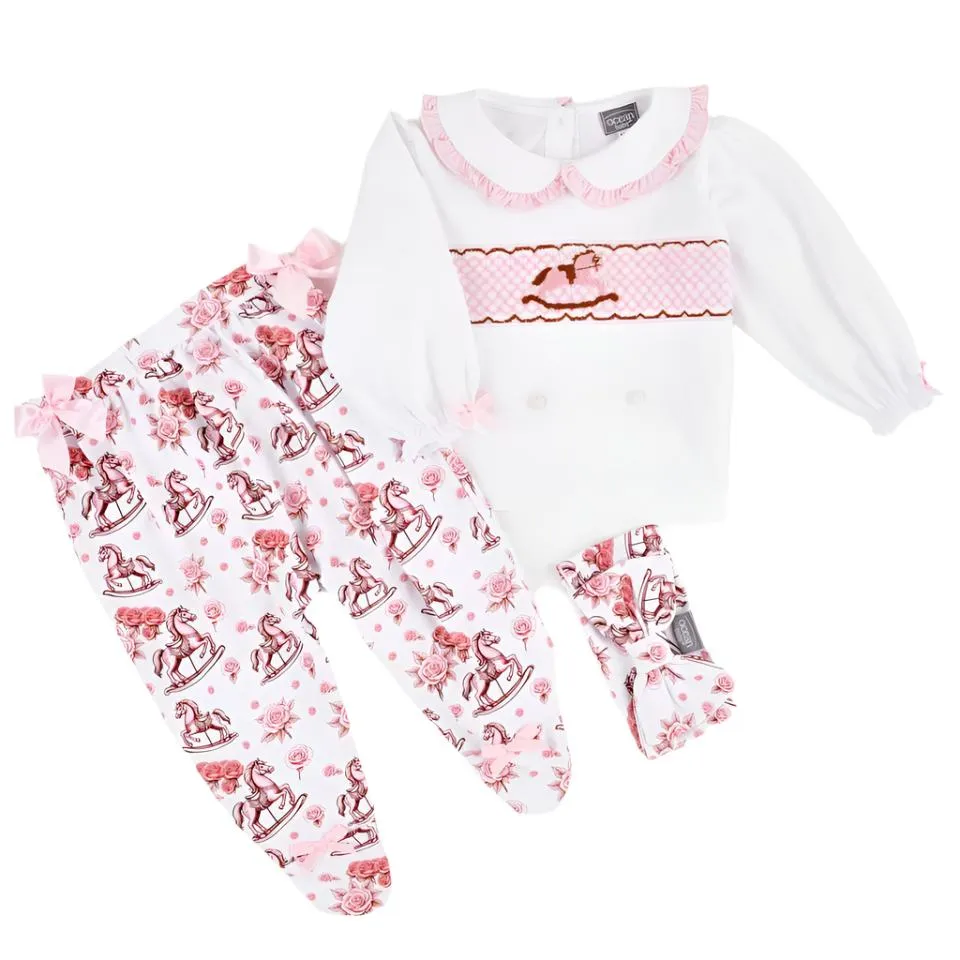 Ocean Baby New Concept Smocked Pink Rocking Horse Sleepsuit-Outfit & Headband Set (NB-18M)