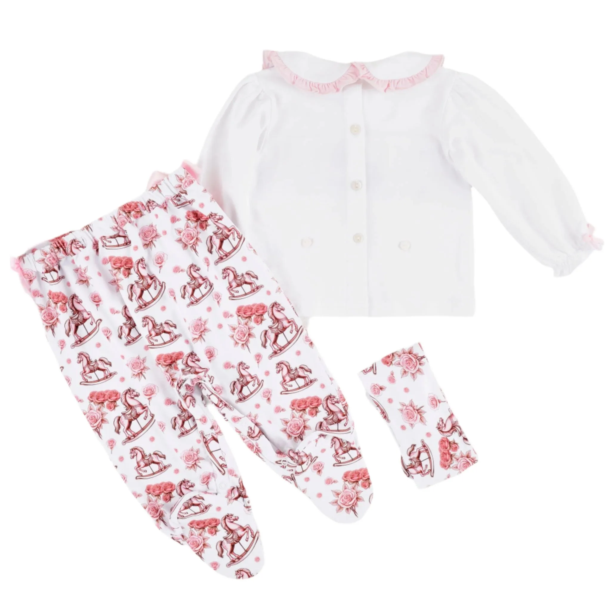 Ocean Baby New Concept Smocked Pink Rocking Horse Sleepsuit-Outfit & Headband Set (NB-18M)