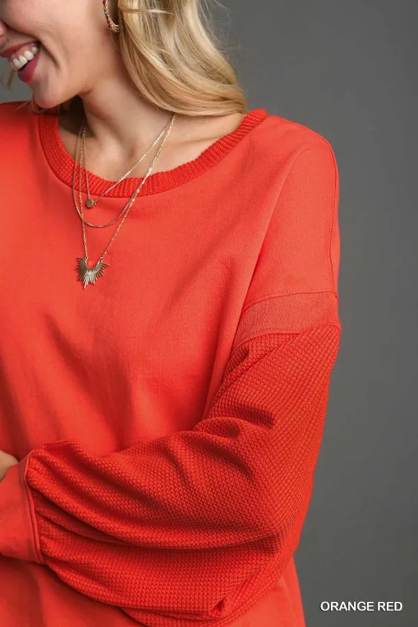 Olivia French Terry & Waffle Knit Top in Orange Red